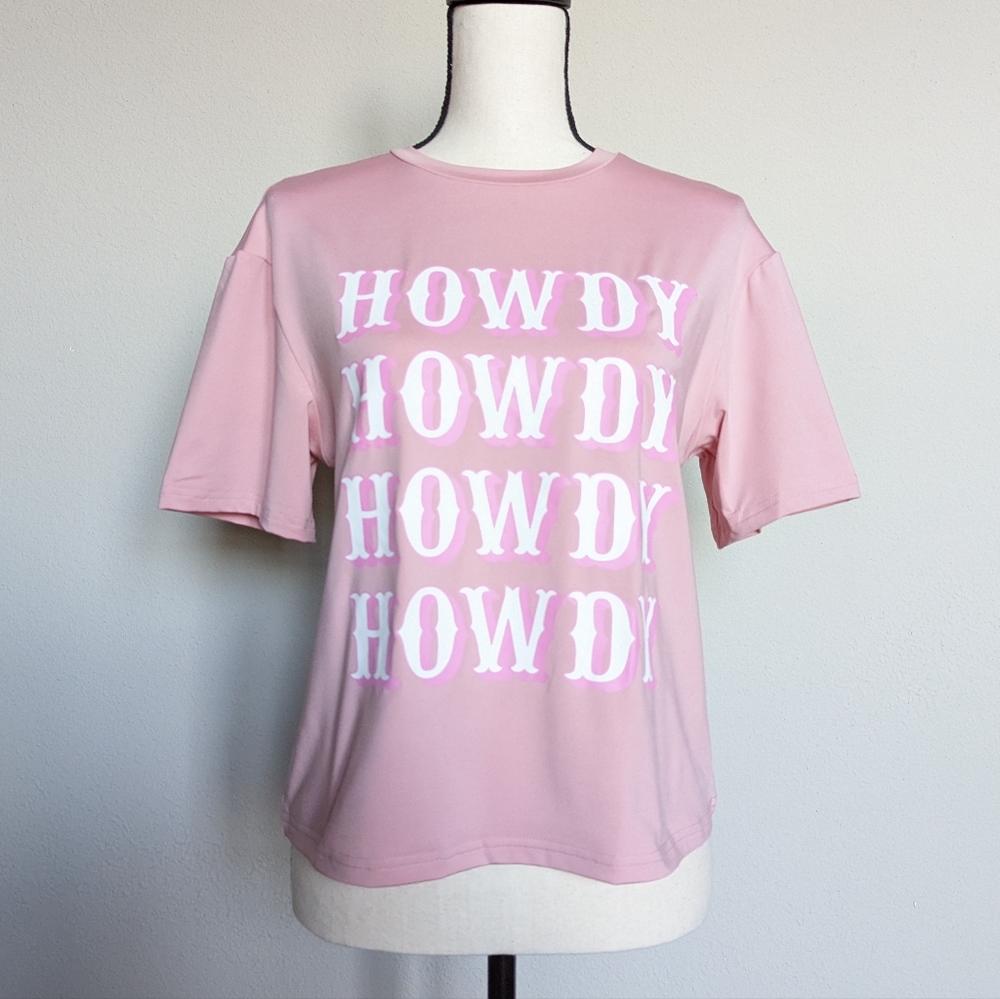 Pink and white western Howdy short sleeve tshirt top size M